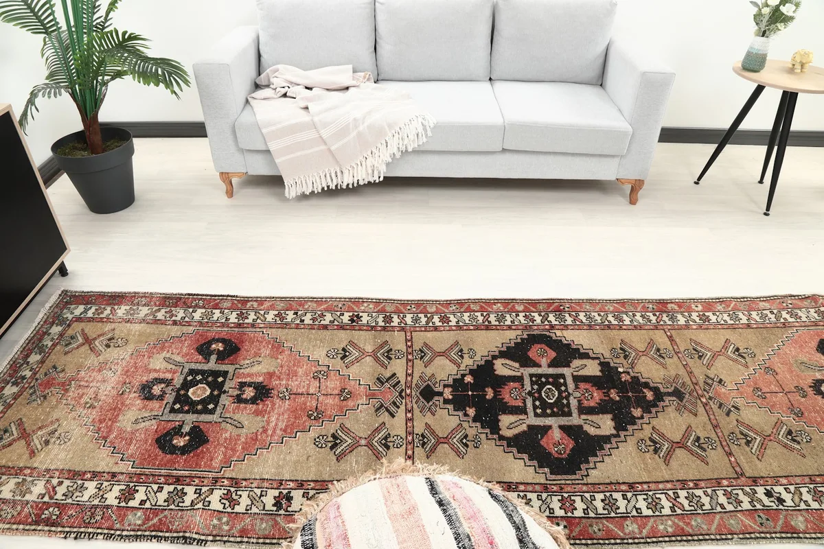 Overhead view of the runner rug in a room, capturing the main design elements from above.
