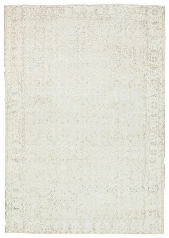 Full overhead view of the 7x10 cream and beige vintage Anatolian rug on a white background