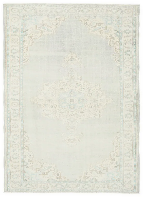 Full top view of the vintage Anatolian area rug with a pale blue and ivory medallion design