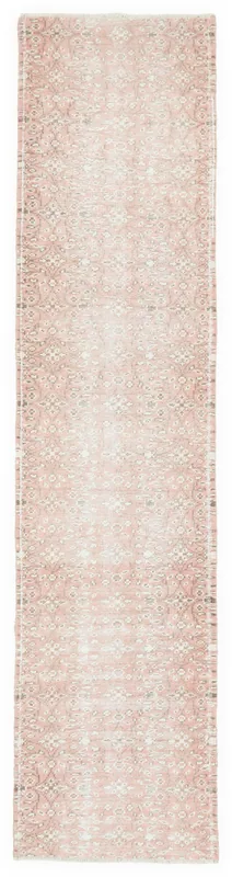 Full overhead view of the 2'8" x 11'4" vintage Anatolian runner with rose and ivory patterns