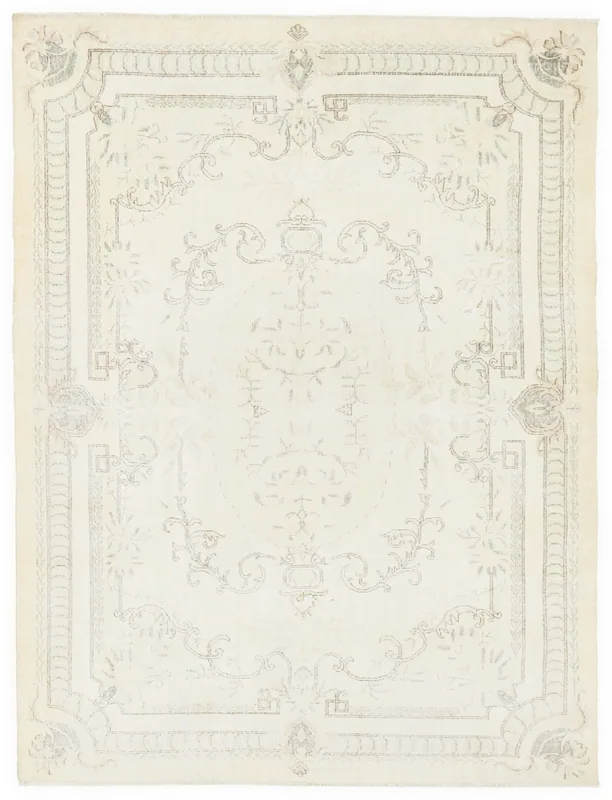 Full top view of the 6'11" x 9'9" vintage Anatolian rug with ivory field and gray patterns