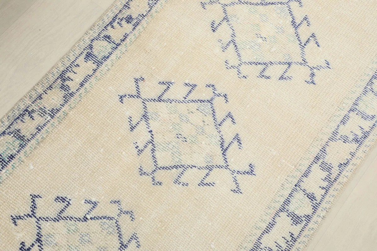Overhead view of a section of the runner rug, showing the repeated blue diamond patterns and light wear.