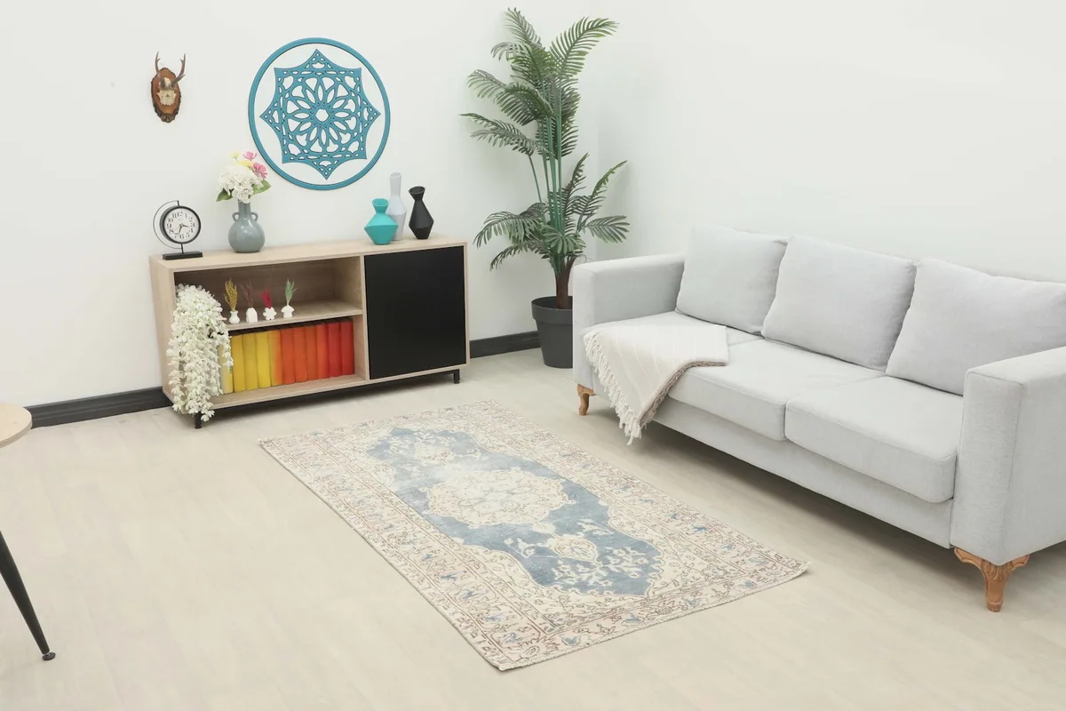 Vintage Anatolian rug placed in a modern living room setting with a light gray sofa