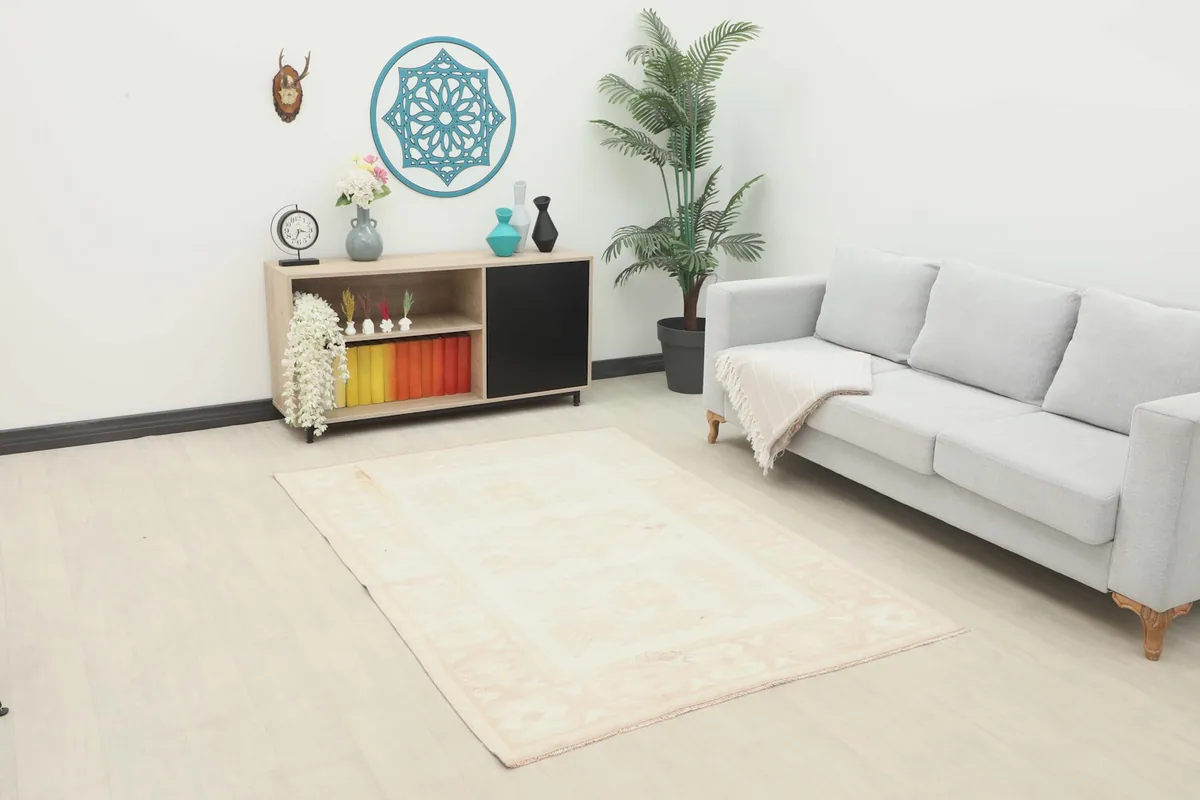 Vintage cream and rose rug displayed in a bright room with a light gray sofa and modern furniture.