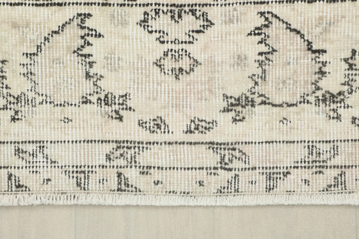 Close-up of the rug's edge, showing the border design and short fringe