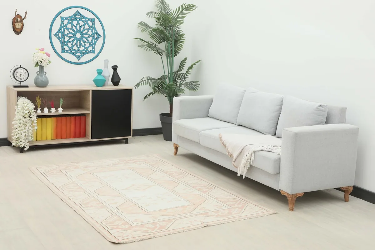 Ivory and rose rug placed in a living room scene with a light gray sofa and wooden cabinet.
