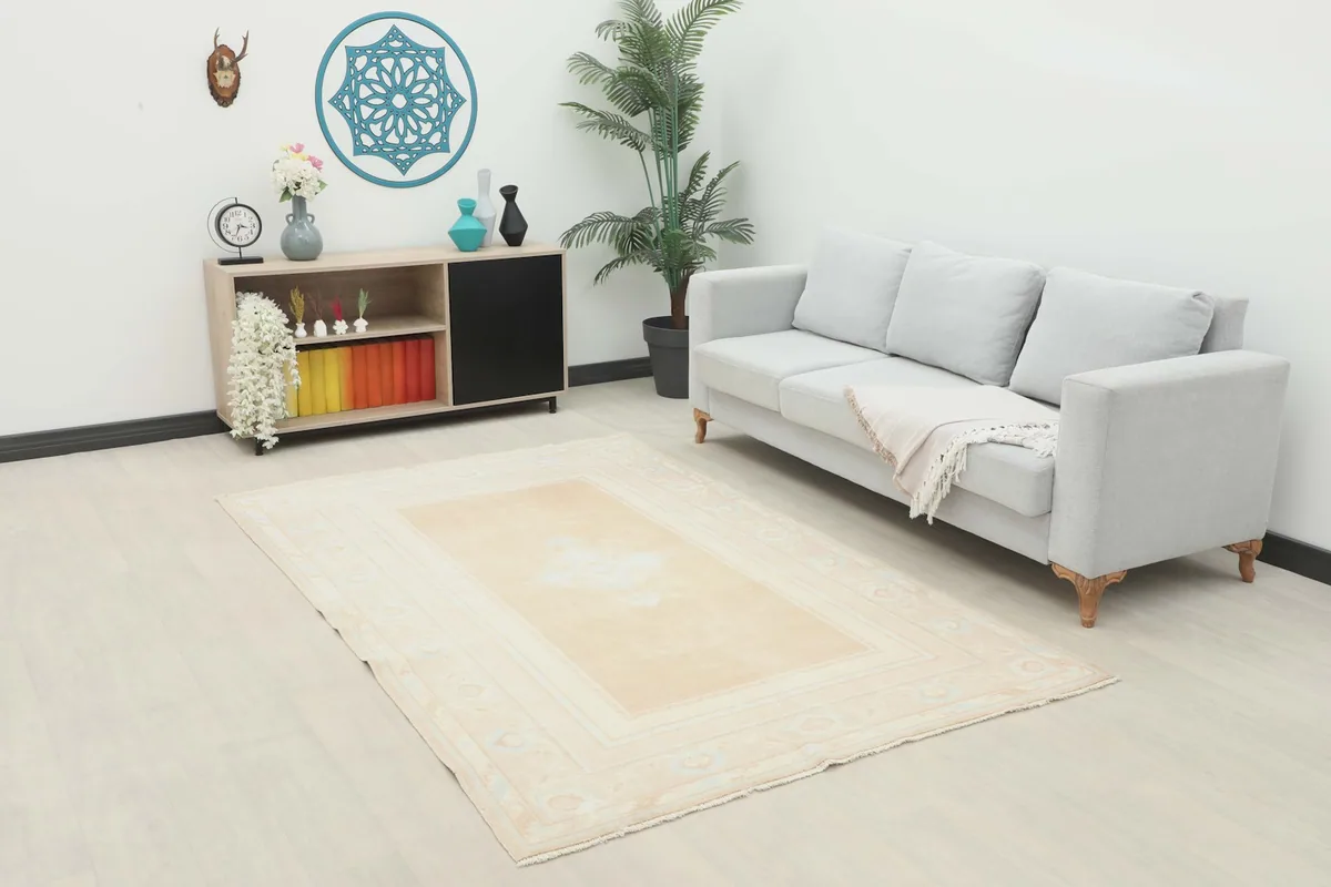 Beige vintage rug displayed in a room setting with a light gray sofa and modern decor.