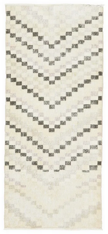 Full overhead view of the 2'4" x 5'6" ivory and charcoal vintage Anatolian runner rug