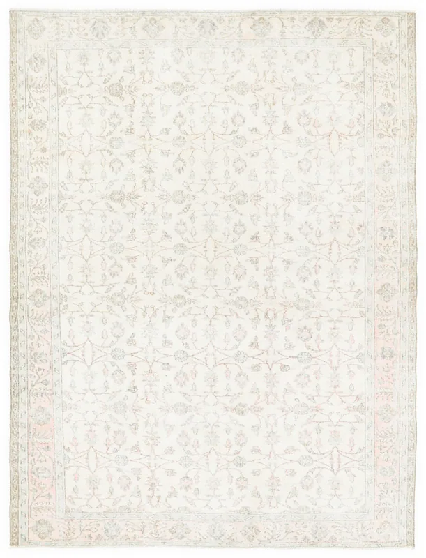 Full overhead view of the 6'4" x 9'3" ivory floral vintage Anatolian rug on a white background.