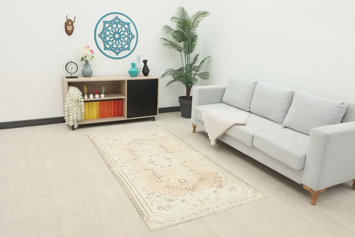 Vintage Anatolian rug in a living room setting with a light gray sofa and wooden cabinet