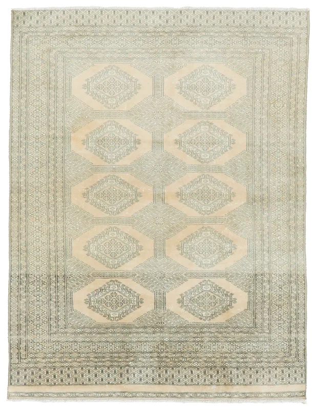 Full top view of the beige and charcoal geometric Anatolian rug on a white background.