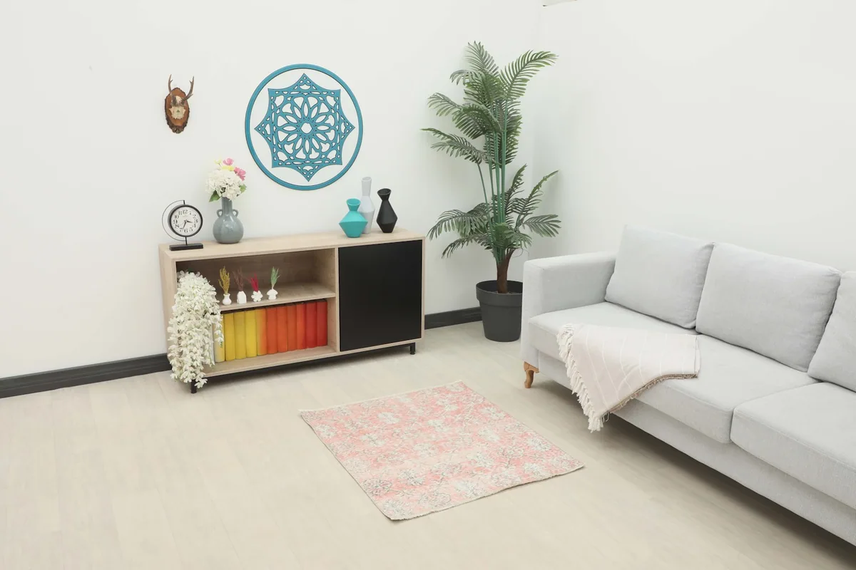 Vintage Anatolian rug placed in a modern living room setting with a light gray sofa