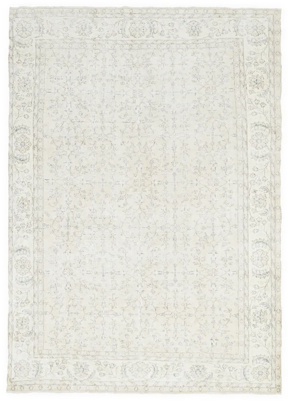 Full overhead view of the ivory floral vintage Anatolian rug