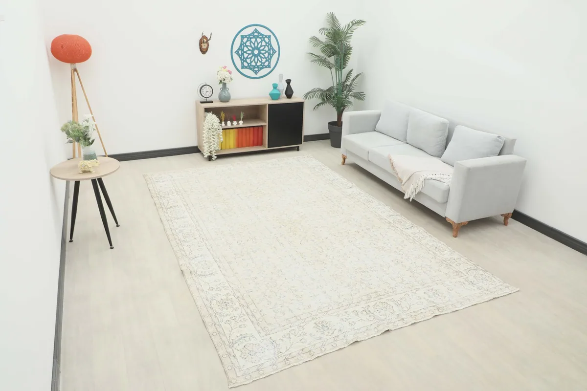 Ivory Anatolian rug displayed in a living room setting with a light gray sofa