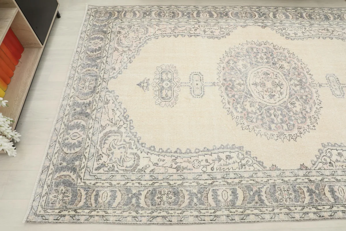 Another angled perspective of the rug, emphasizing its overall pattern and texture in a room.