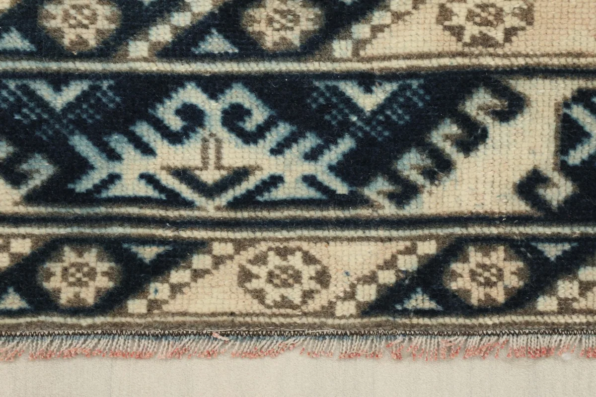 Close-up of the rug's border design, showing intricate geometric patterns and fringe detail