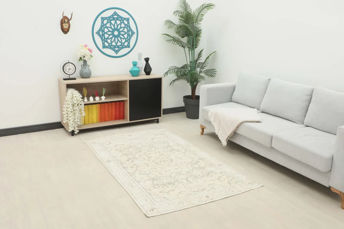 Beige vintage Anatolian rug placed in a modern living room setting with a light gray sofa