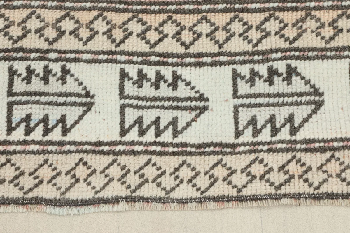 Close-up of the rug's border design featuring repetitive geometric patterns