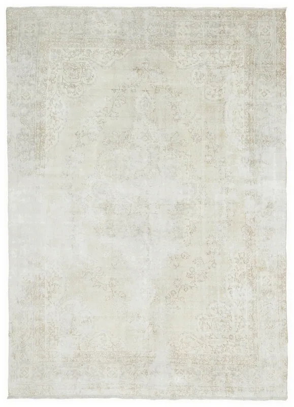 Full overhead view of the 7'11" x 10'10" vintage ivory and beige Anatolian area rug