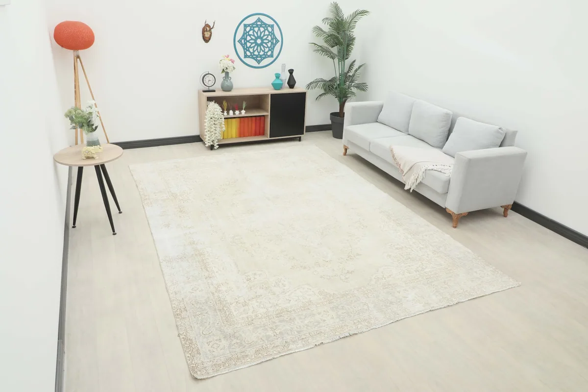 Vintage ivory and beige rug displayed in a bright living room setup with a sofa