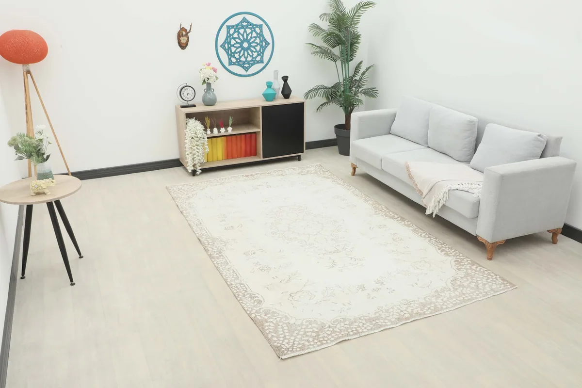Ivory and beige Anatolian rug in a contemporary living room setting with a light gray sofa and modern decor.