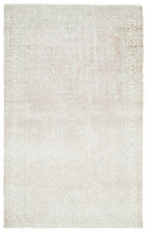 Full top view of the 6x10 muted rose and ivory vintage Anatolian rug with subtle patterns