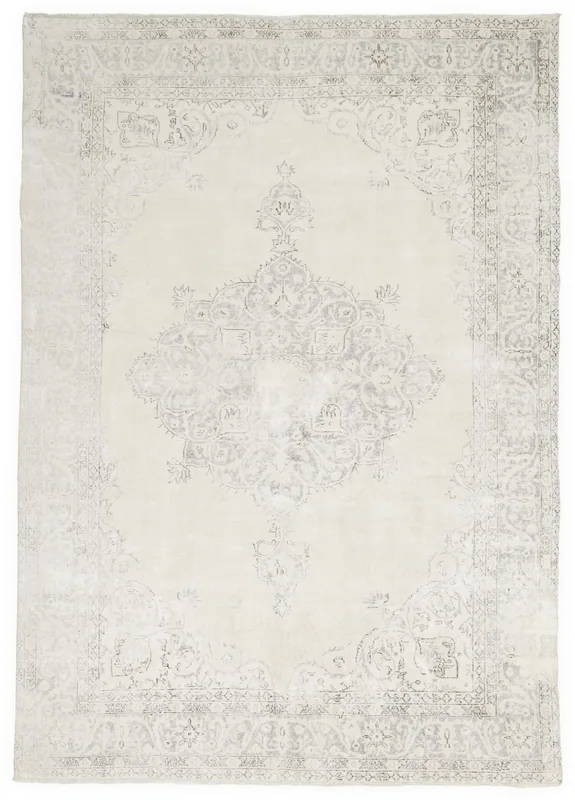 Full top view of the 8x12 ivory and charcoal vintage Anatolian medallion rug on a white background.
