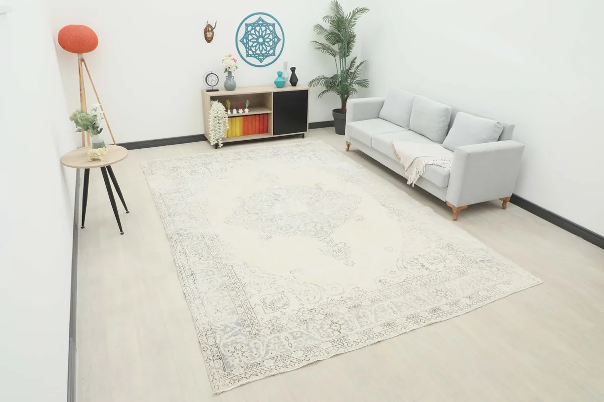 Ivory and charcoal vintage rug displayed in a bright room setting with a light-colored sofa and minimalist decor.