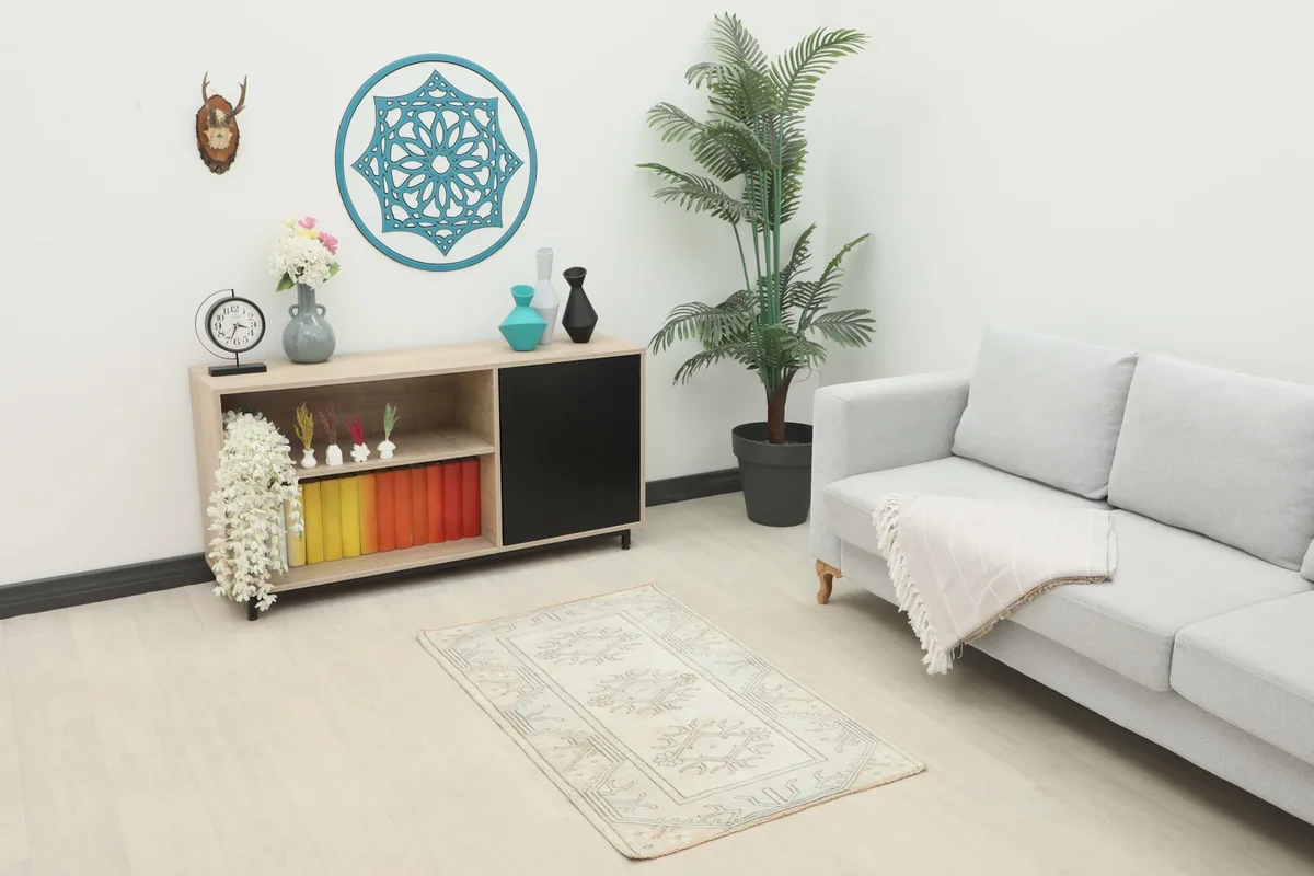 Vintage Anatolian rug in a living room setting with a sofa and cabinet