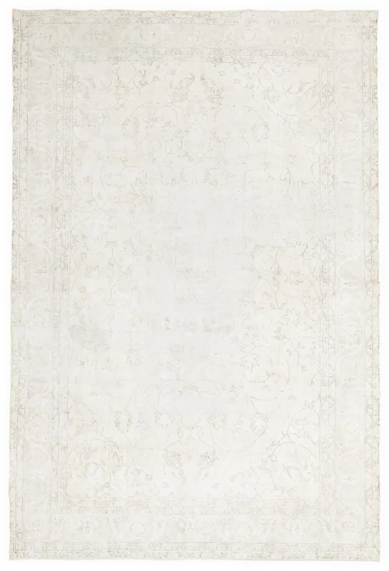 Full top view of the 8x12 ivory and gray vintage Anatolian rug on a white background