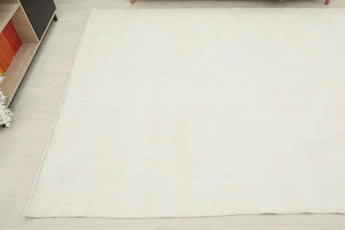 Overhead angled shot of the large cream rug, showing its full width and length in relation to room furniture.