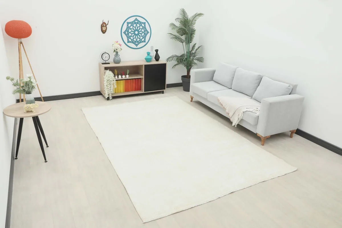 Cream vintage Anatolian rug displayed in a bright living room setting with a light gray sofa and modern decor.