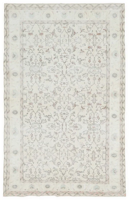 Full overhead view of the 6x10 ivory floral vintage Anatolian rug with rose and gray details.