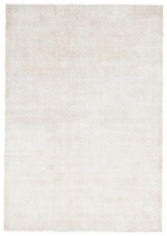 Full overhead view of the 6'11" x 10'4" rose and beige floral vintage Anatolian rug on a white background.