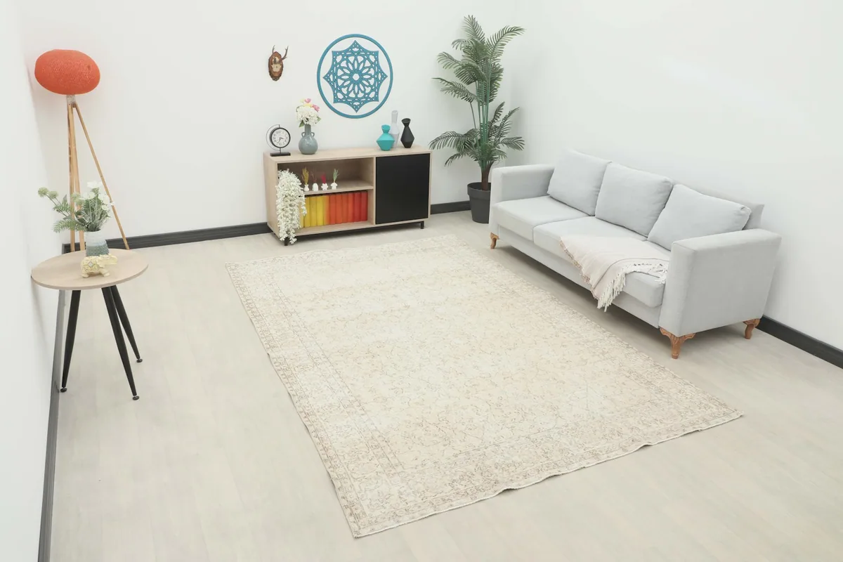 Vintage Anatolian rug in an open living room setting with a light gray sofa