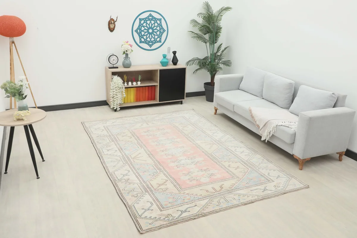 Area rug in a room, offering a perspective of its medium size and how it fits with decor