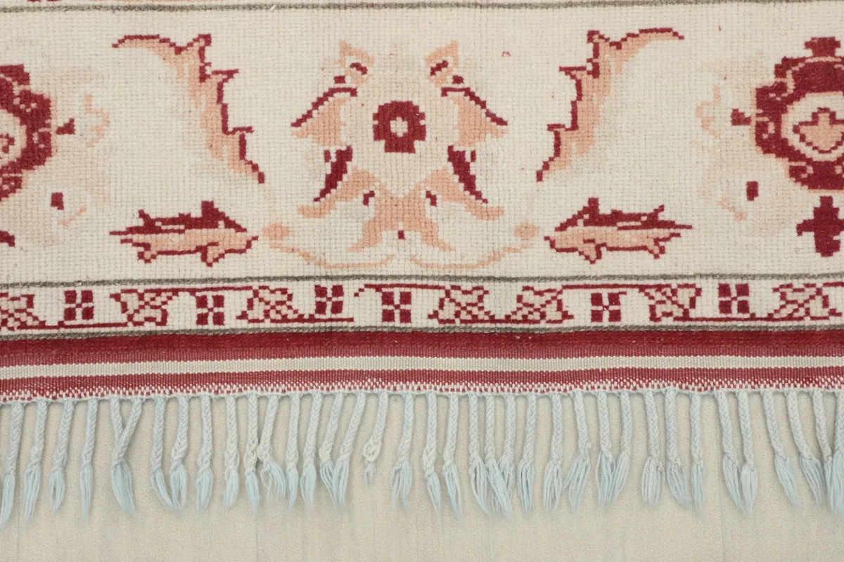 Close-up of the light blue fringe and the intricate border pattern near the edge.