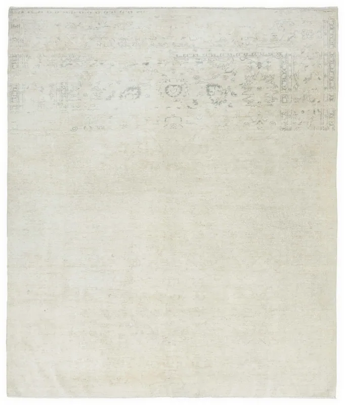 Full top view of the 8'1" x 9'7" faded ivory and gray vintage Anatolian rug on a white background