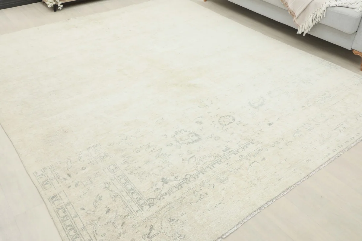Angled view of the ivory and gray rug showing the faded medallion and border patterns in a room