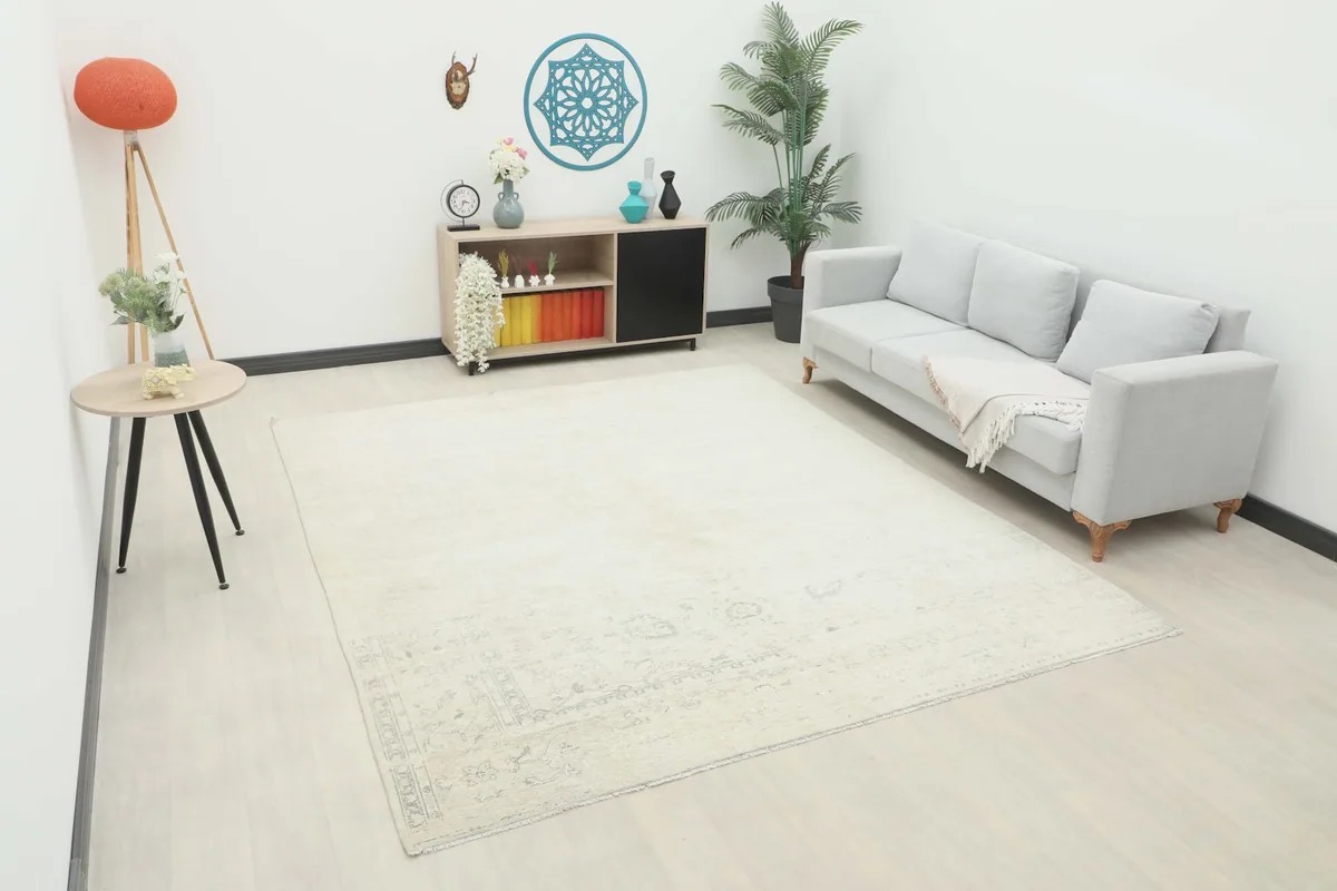 Vintage Anatolian rug in an ivory and gray living room setting with a light gray sofa and modern decor