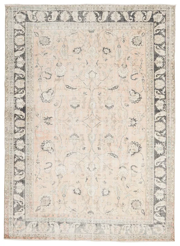 Full overhead view of the 7'1" x 9'8" vintage Anatolian rug with a rose field and charcoal border.