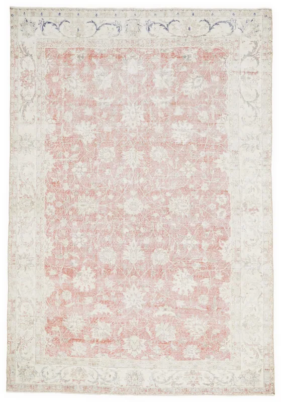 Full top view of the 7'8" x 10'11" rose and ivory floral Anatolian vintage area rug
