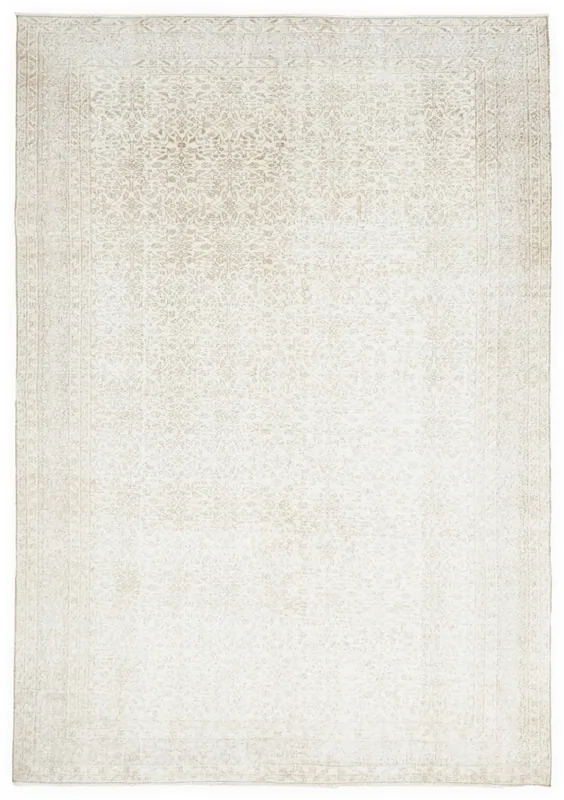 Full top view of the 7x10 cream and beige vintage Anatolian area rug.