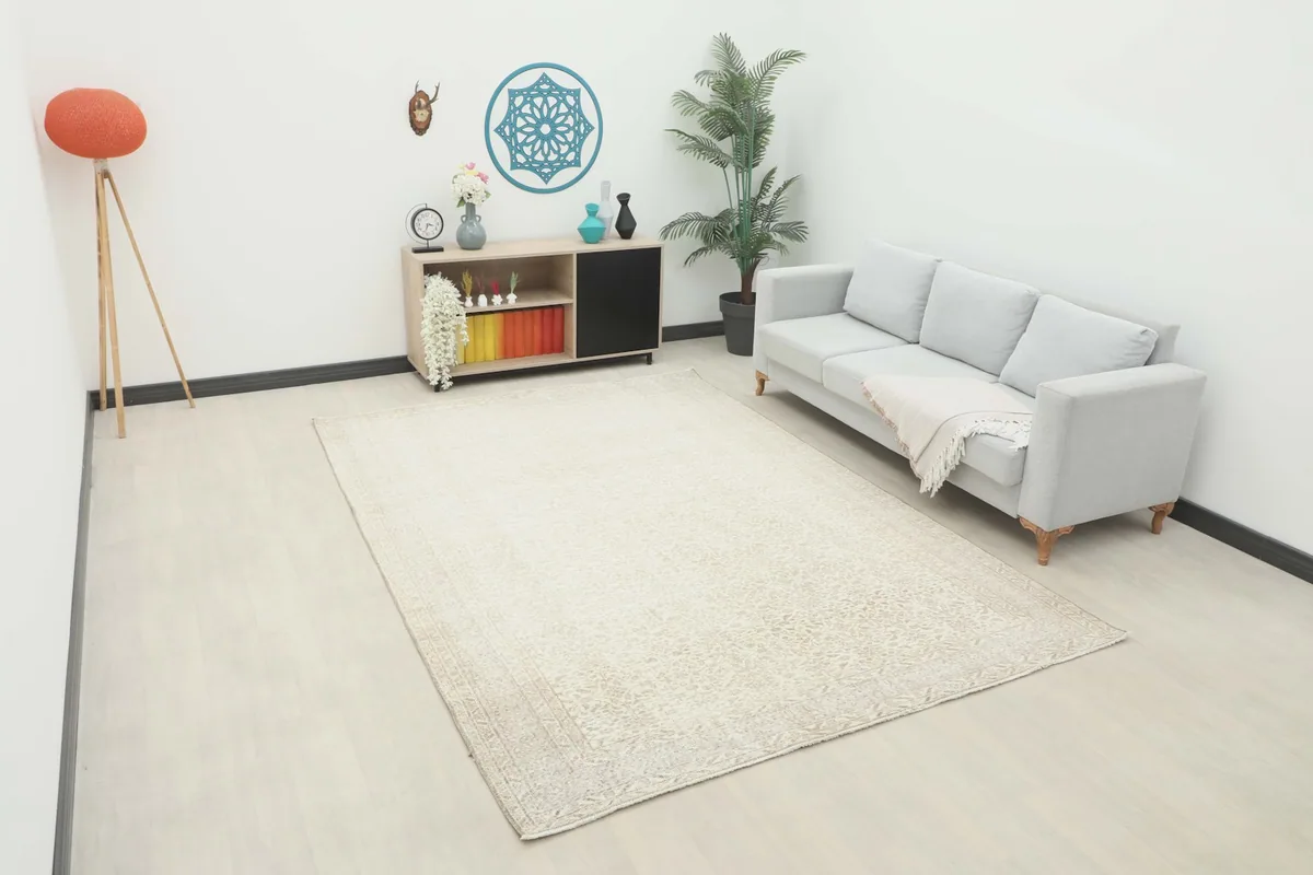 Vintage cream and beige rug laid out in a modern living room setting.