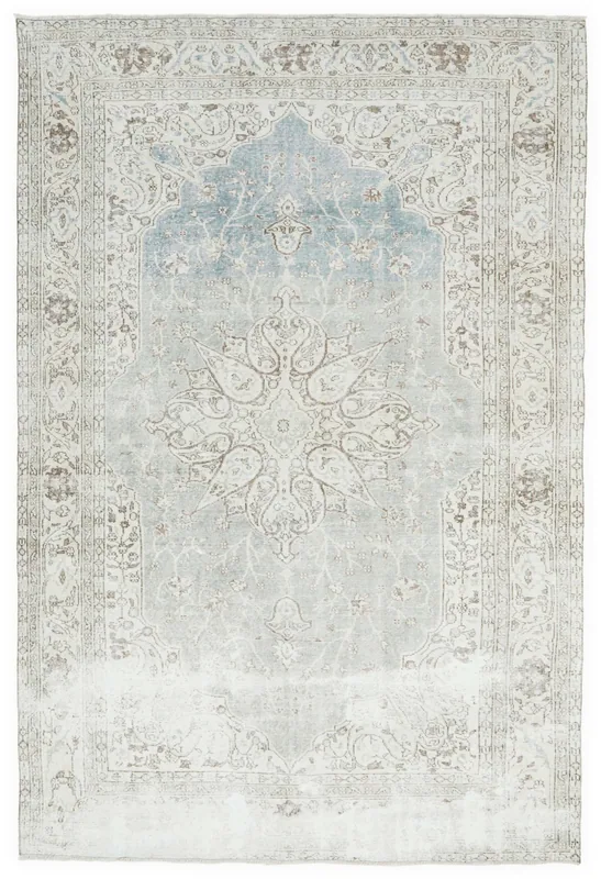 Full overhead view of the 6'10" x 10'7" vintage Anatolian rug with a sky blue field and gray floral medallion.