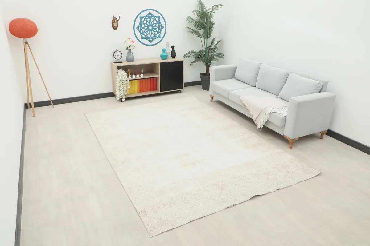 Vintage cream rug displayed in a modern living room setting with a light gray sofa