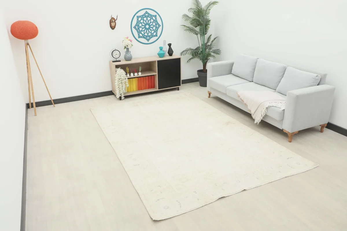 Ivory vintage area rug displayed in a room setting with a light gray sofa