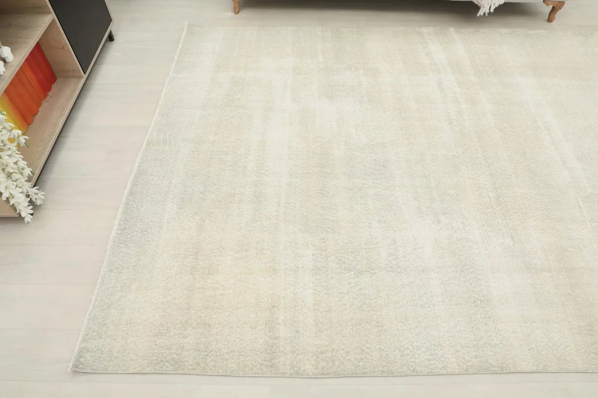 Overhead angled view of the ivory rug, showing its full length and width in the room.