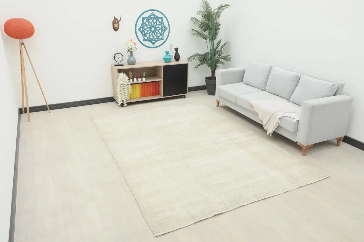 Large ivory area rug displayed in a living room setting with a sofa and cabinet.