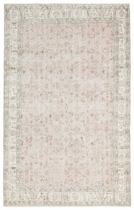 Full overhead view of the 6'4" x 10'3" vintage rose and ivory Anatolian rug on a white background.